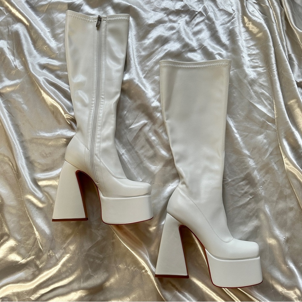 white knee-high platform gogo boots